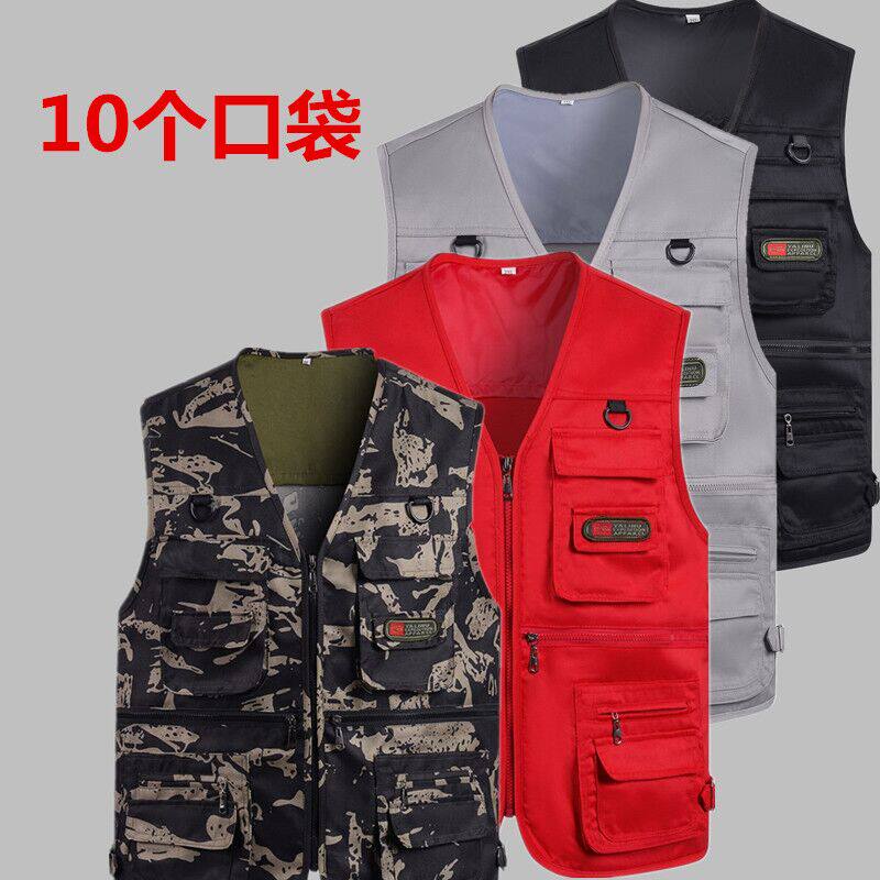 MIDDLE-AGED MENS VEST SPRING SUMMER THIN MESH MULTI-POCKET VEST CASUAL PHOTOGRAPHY FISHING RED HORSE CLIP DADDY KAN SHOULDER