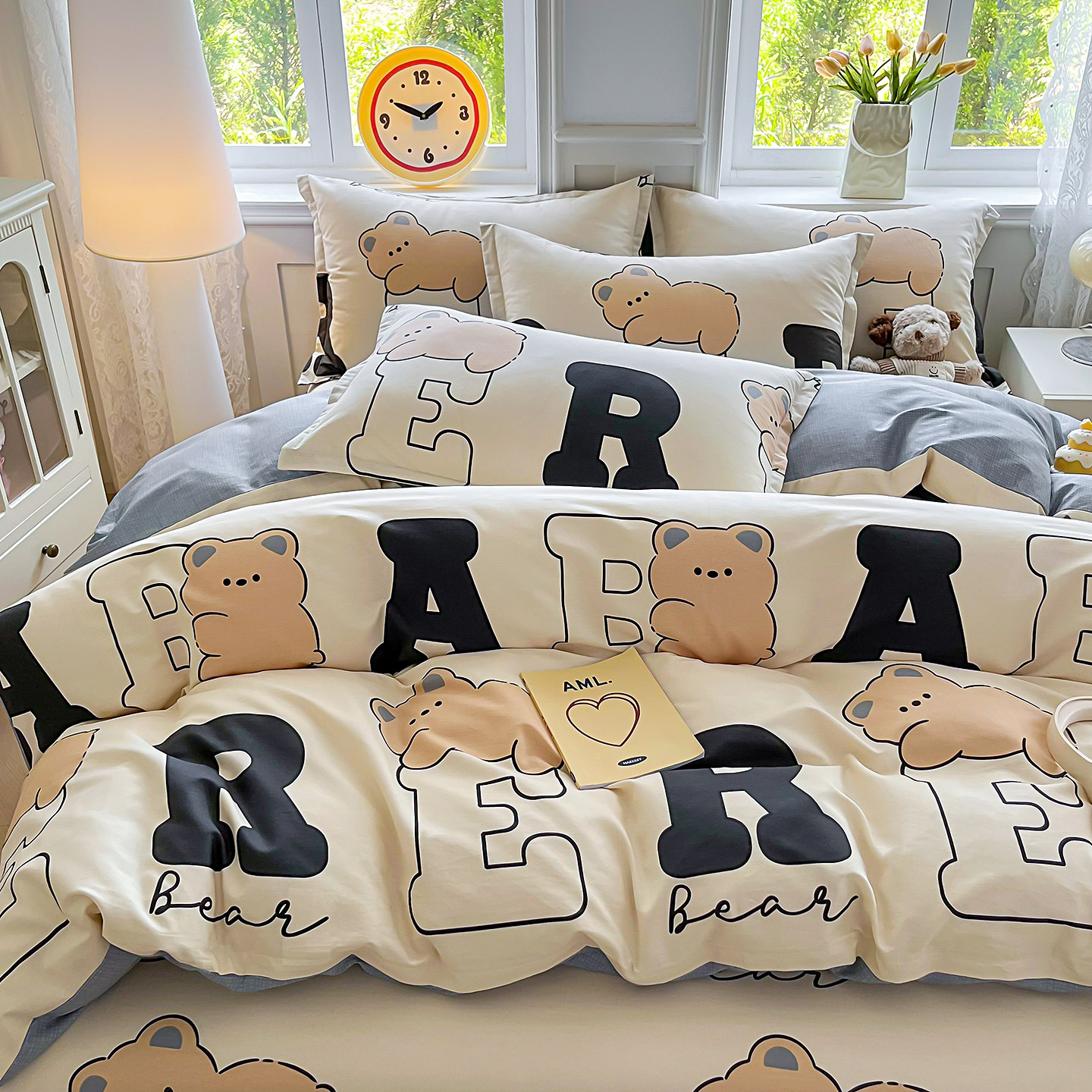 2025卡通可爱风小熊字母纯棉四件套床单枕套全棉床上用品单被套