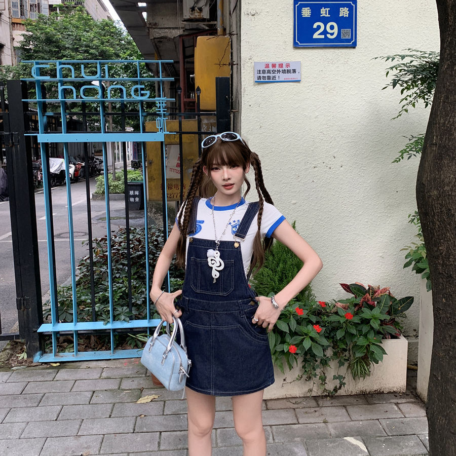 美式复古阔腿牛仔短裤女装夏季设计感防走光显瘦百搭工装背带裙裤