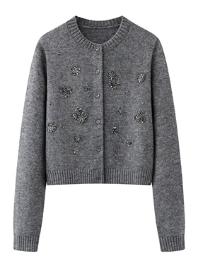 春新品灰色针织衫学院风重工钉钻圆领短款开衫毛衣女