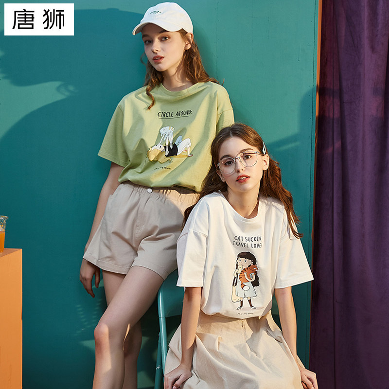 唐狮短袖T恤女2020夏新款半袖学生纯棉可爱卡通印花ins宽松闺蜜装