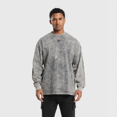 正品现货 GYMSHARK  Rest Day Washed 水洗扎染磨白超宽松长袖t恤