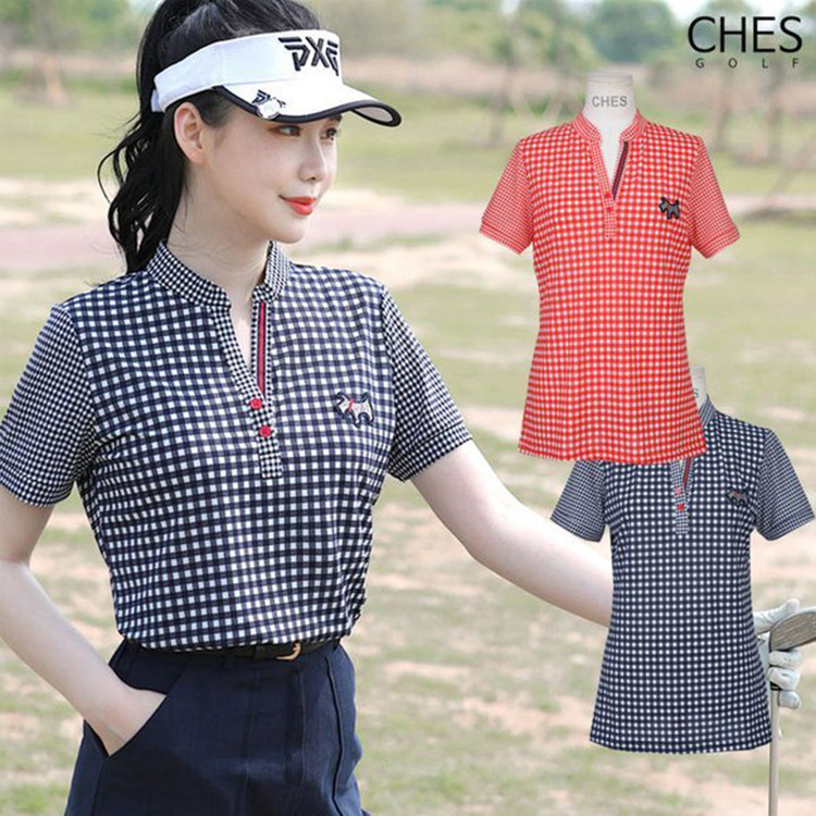 韩国直邮CHES高尔夫服装格子短袖t恤女士时尚休闲运动上衣女AK993