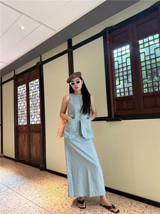 RAY 老钱风套装女夏装亚麻西装无袖马甲背心长款开叉半身裙两件套