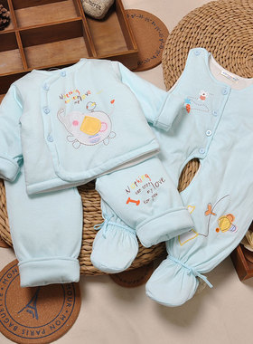 偶园M373新生儿宝宝夹棉加厚纯棉连脚开档裤分体纯棉秋冬上衣套装
