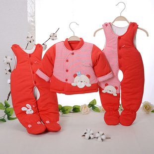 偶园CS559新生宝宝包脚连体背带开档裤 纯棉婴儿 外衣三件套秋冬季