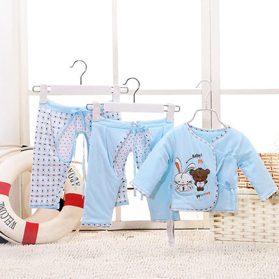 偶园M2261-3新生儿宝宝双层纯棉开档裤分体纯棉打底秋衣秋裤套装