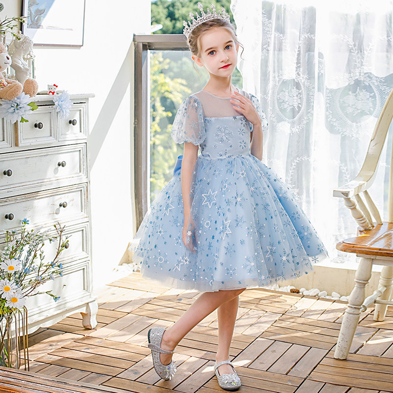 女童蓝色爱莎公主裙2024洋气儿童童模礼服演出服主持人走秀连衣裙