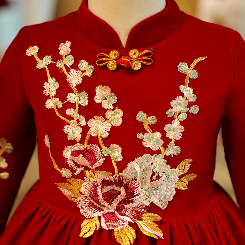 儿童喜庆酒红中国风礼服公主裙女童生日周岁国潮演出服走秀主持人