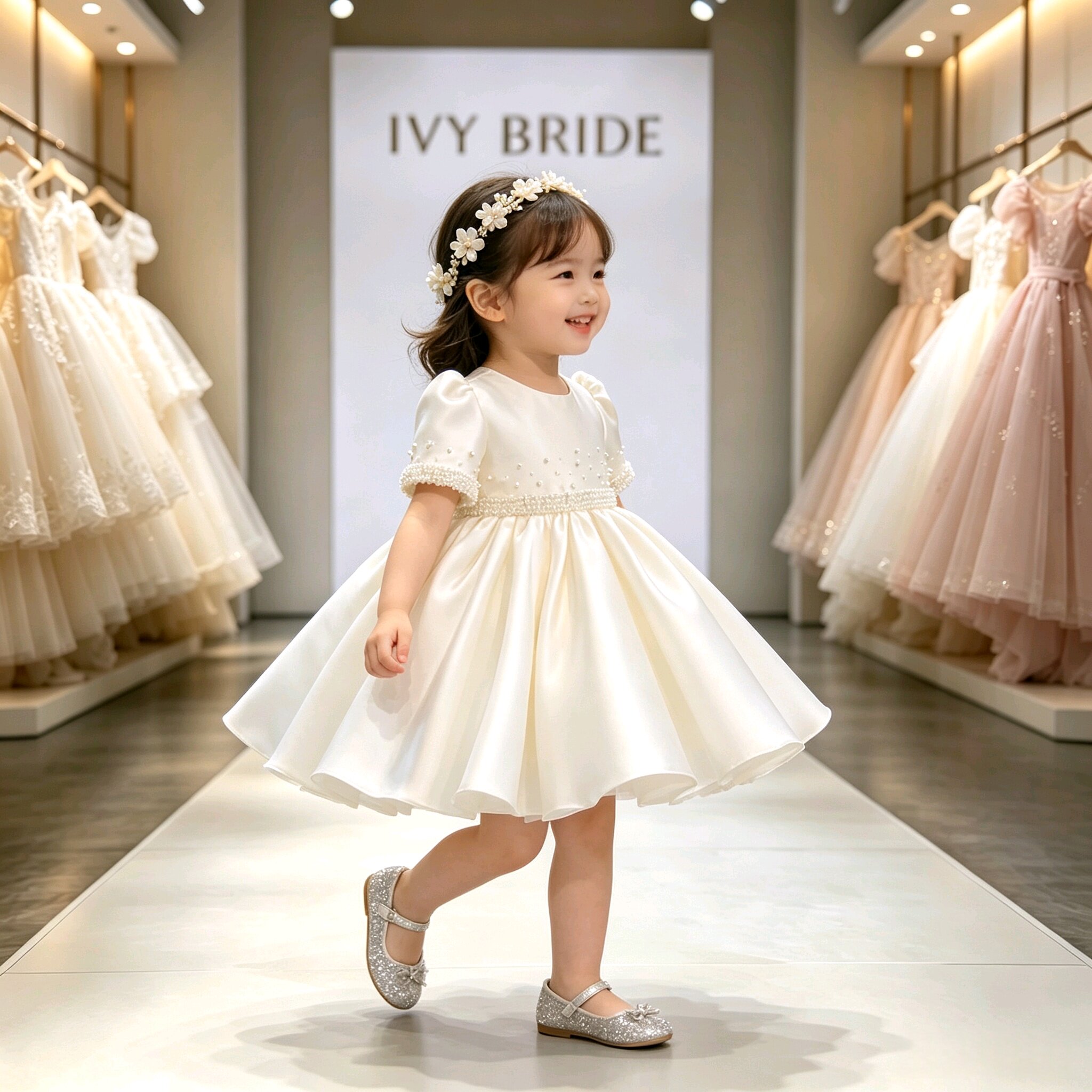 儿童缎面礼服女花童婚礼小女孩生日公主裙高级女童走秀钢琴演出服