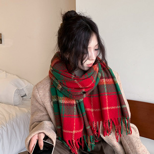 圣诞节红色格子围巾女秋冬韩版百搭仿羊绒软糯高级氛围感围脖披肩