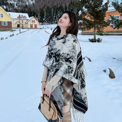 民族风水墨画披肩斗篷披风