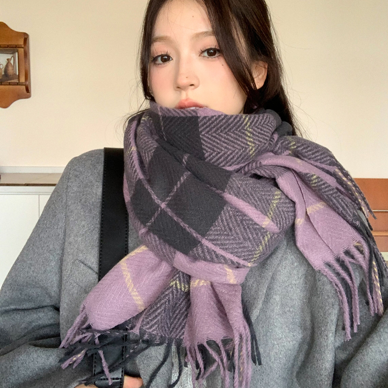 秋冬高级氛围感复古紫色格子围巾