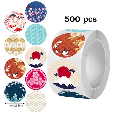 500张/卷gift碎花贴纸圆形封口贴不干胶标签日式图案装饰卷卷贴纸
