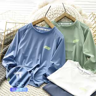 男童长袖t恤春秋速干运动防晒儿童薄款白色打底中大童潮圆领上衣