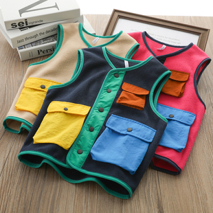 儿童摇粒绒马甲男童山系春秋外套新款背心加绒中大童洋气撞色坎肩
