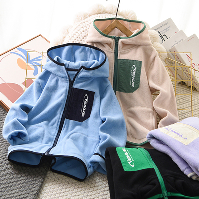 男童外套加绒秋冬连帽拉链摇粒绒