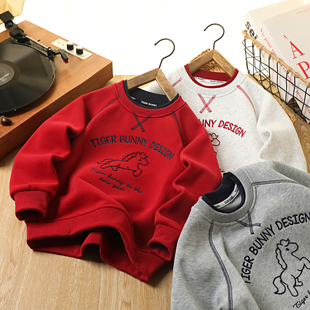 男童加绒卫衣马年彩绣拜年服新年冬季2026新款中大儿童保暖上衣