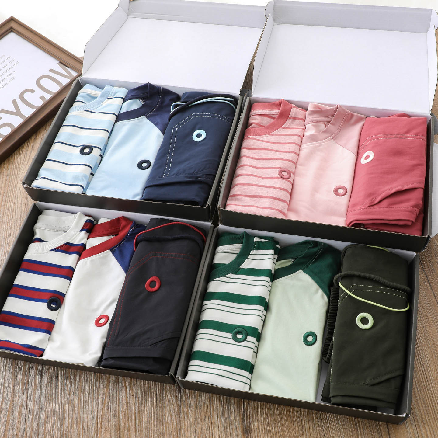 儿童套装夏款三件套中大儿童条纹短袖T恤男童女童韩版短袖防蚊裤