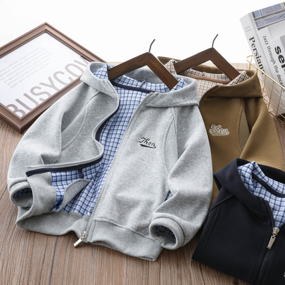 男童韩版百搭格纹连帽卫衣外套