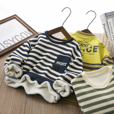 男童加绒加厚条纹印花保暖卫衣