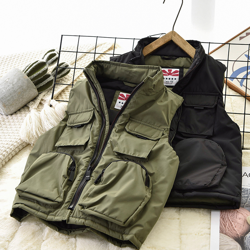 儿童工装马甲加厚男童外穿背心秋冬中大童轻柔韩版潮夹棉坎肩上衣