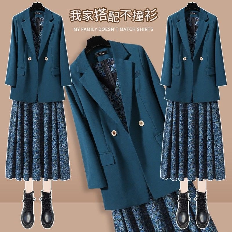 奕辰女装西装套装女春秋款范秋冬显瘦气质连衣裙两件