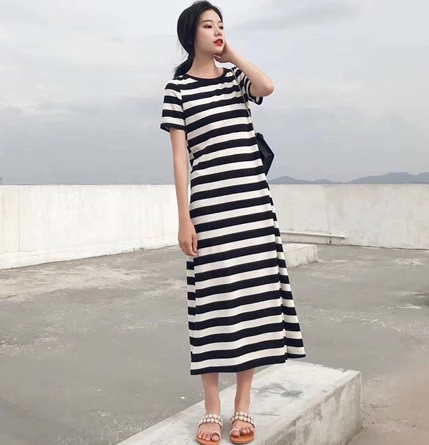 春夏韩版纯棉条纹短袖长款连衣裙女宽松包臀显瘦休闲打底a字裙