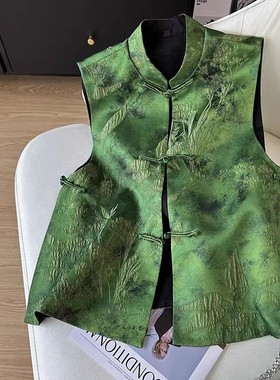 新中式国风绿色盘扣马甲女2025春夏复古双面穿真丝醋酸提花薄外套