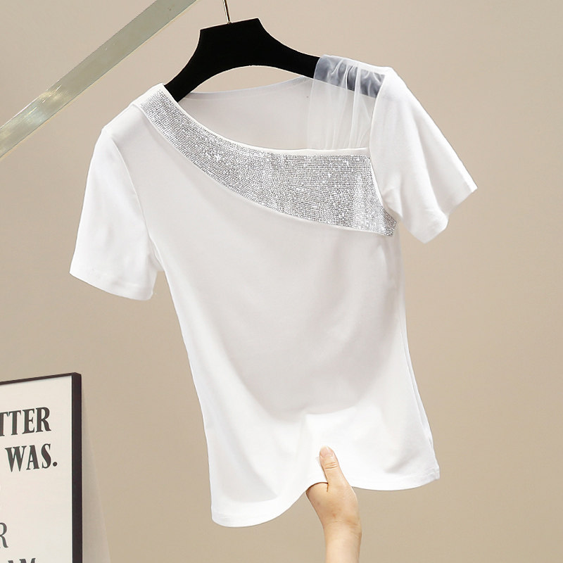 重工烫钻不规则网纱拼接修身短袖t恤时尚设计感洋气减龄百搭上衣