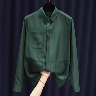 女西装 天丝衬衫 内搭设计感通勤衬衣 墨绿色polo翻领长袖 欧洲站春款