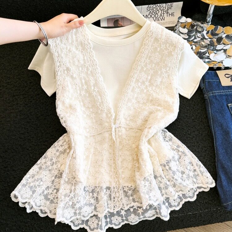 2026夏季薄款V领无袖小衫罩衫外披背心女韩版蕾丝马甲T恤套装上衣