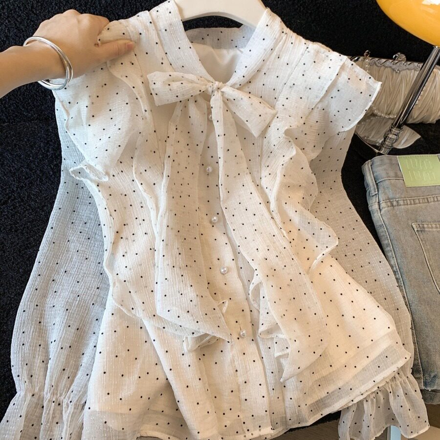 甜美蝴蝶结波点雪纺衬衫女春季2026新款高级感荷叶边独特漂亮上衣