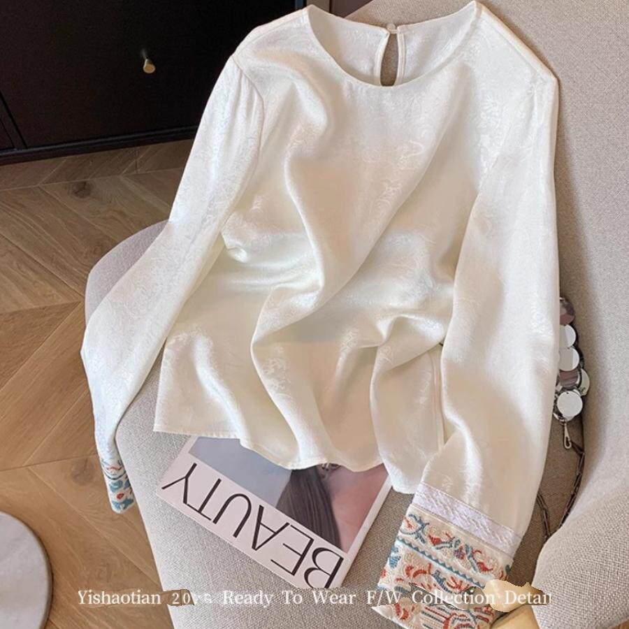 新中式提花刺绣圆领衬衫女2025春季新款气质百搭显瘦国风内搭衬衣