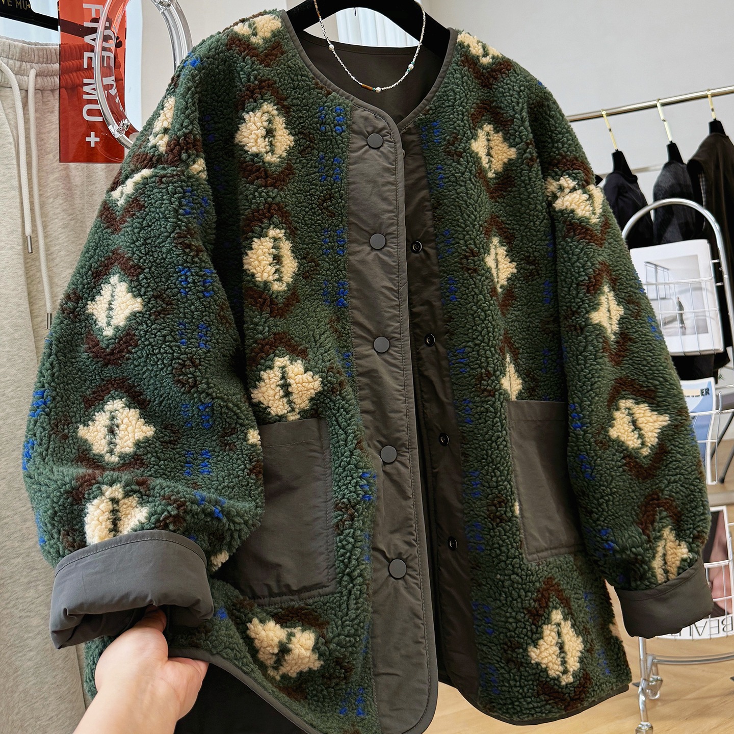 2025新款慵懒风休闲两面穿羊羔绒圆领外套中长款女秋冬摇粒绒夹克