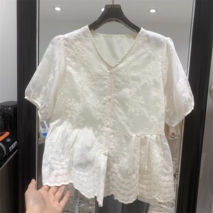 很仙雪纺衫女蕾丝刺绣娃娃衫2026夏新款V领短袖衬衫宽松显瘦上衣
