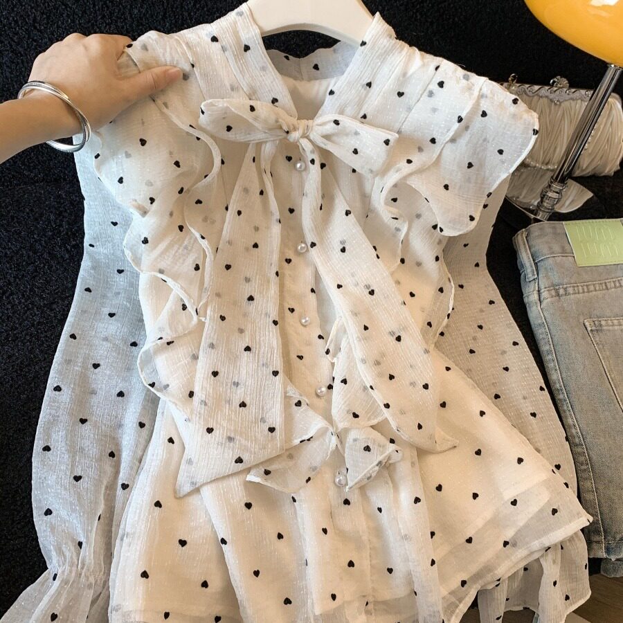 甜美蝴蝶结波点雪纺衬衫女春季2026新款高级感荷叶边独特漂亮上衣