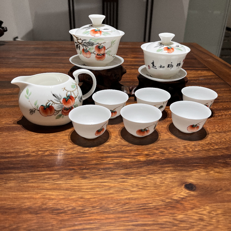 薄胎真骨瓷手绘柿柿如意盖碗杯子套装