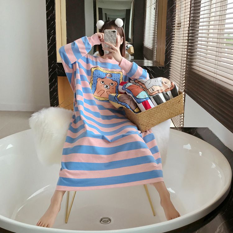 春秋季长袖睡裙柔软宽松过膝