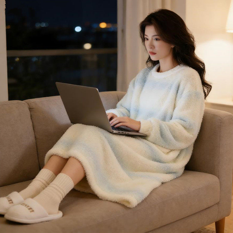 清新条纹珊瑚绒睡裙女冬季长袖圆领加厚保暖中长款家居服睡衣裙