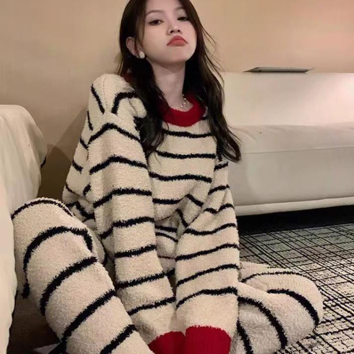 ins条纹半边绒睡衣女秋冬季加绒加厚冬款家居服可外出珊瑚绒套装