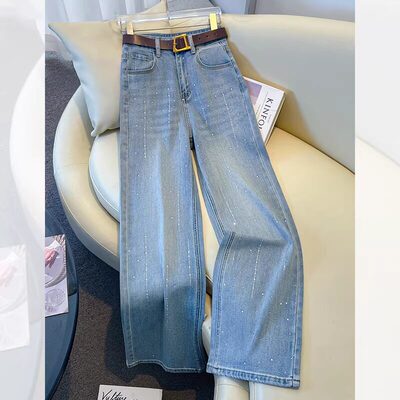 春季高腰阔腿牛仔裤女烫钻显瘦