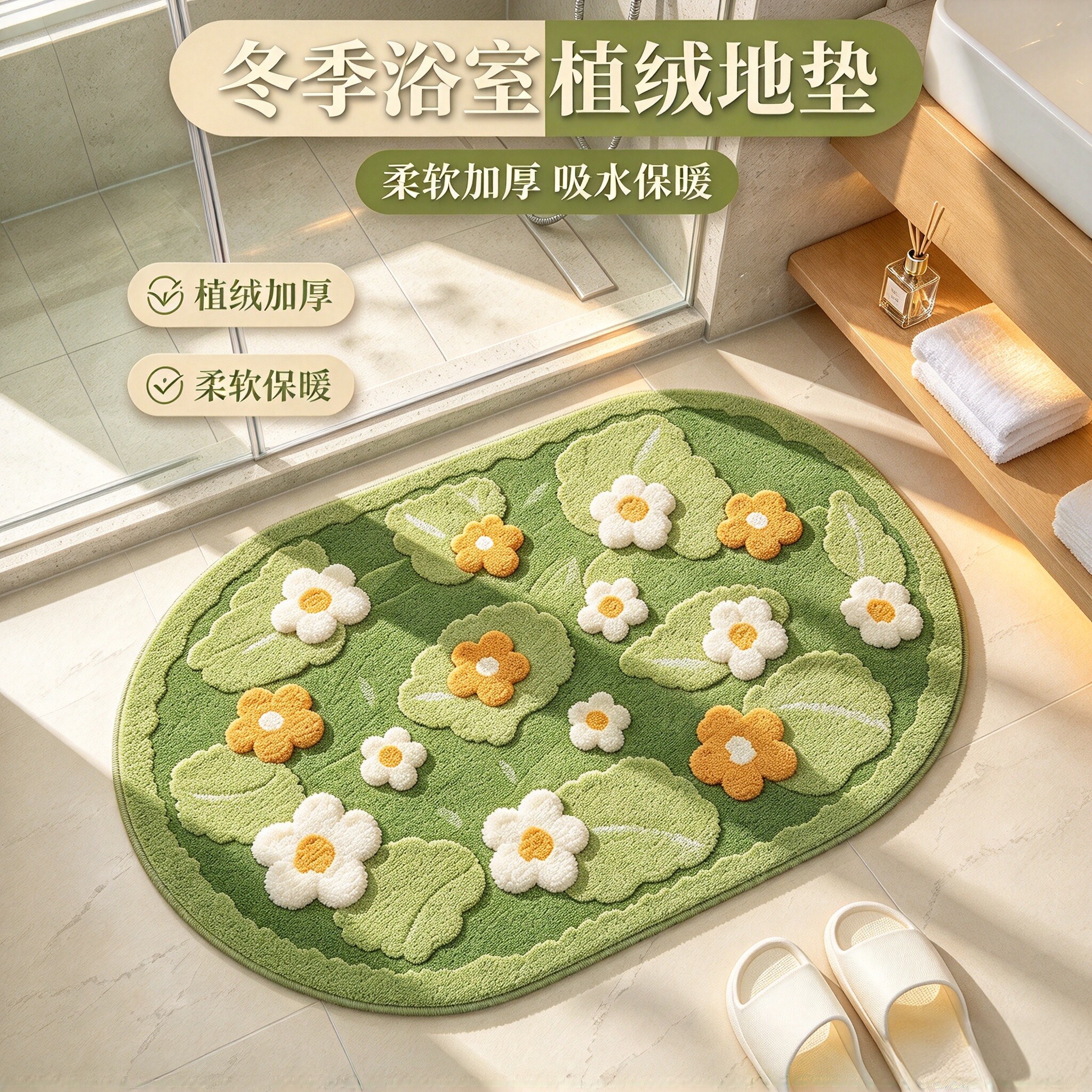 浴室植绒地垫洗手间耐脏速干垫子卫生间吸水脚垫厕所防滑防摔地毯