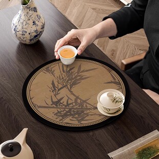 新中式禅意竹子茶席茶垫干泡茶台圆形茶桌垫布硅藻泥吸水桌旗杯垫