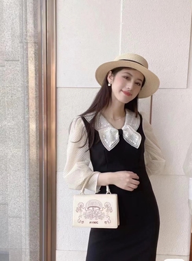 JR 专柜正品2023春新款女装法式气质长袖黑色连衣裙N10C2102