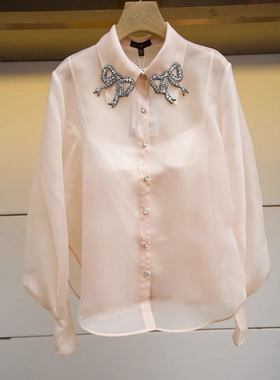 JR 2025春季新款 蝴蝶结翻领灯笼袖宽松长袖两件套衬衫P147202B