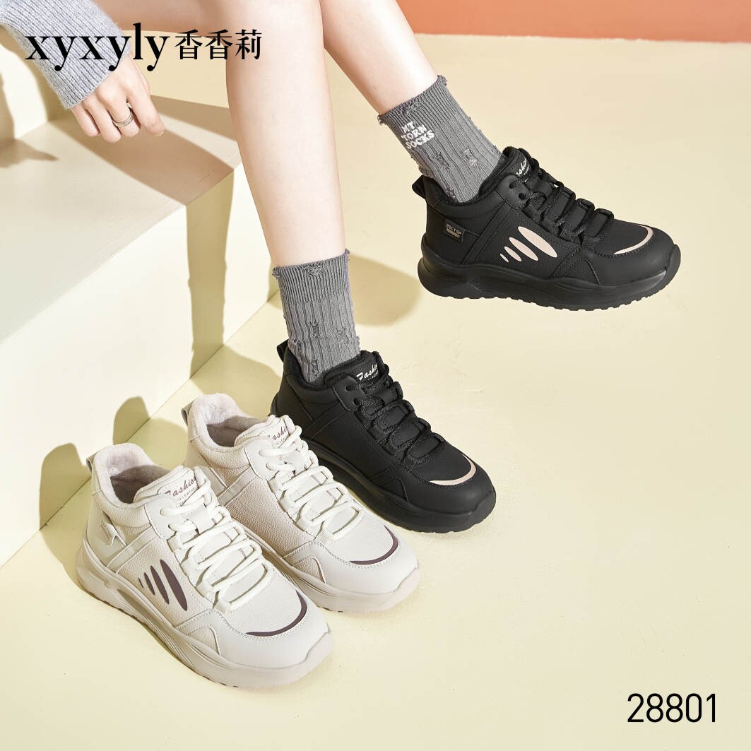 香香莉28801轻便休闲鞋系带圆头青年加绒百搭跑步运动鞋2024冬