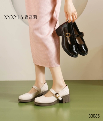 香香莉33065复古漆皮玛丽珍鞋女2026年新款一字扣带粗跟百搭单鞋