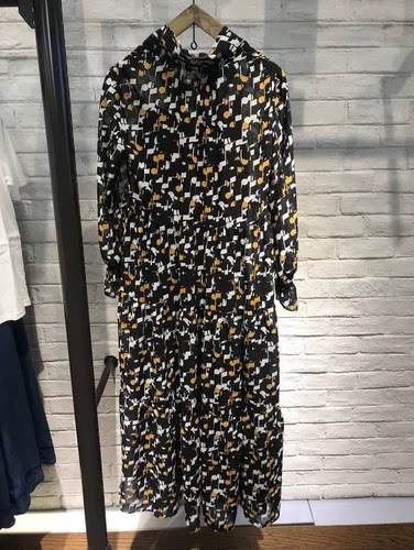 BO系列去标女春新品文艺飘带印花长袖雪纺连衣裙BDM3LD748无吊带