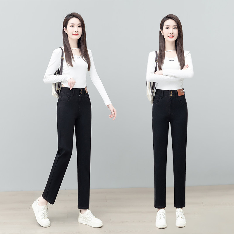 2025秋冬季新款中年妈妈牛仔裤女高腰显瘦修身弹力宽松窄版直筒裤